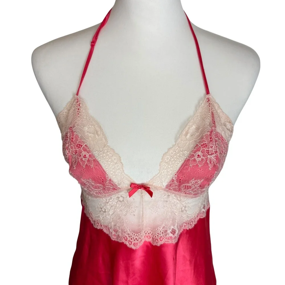 Victoria's Secret Pink Satin Lace Babydoll Chemise Halter Tie Back Camisole M